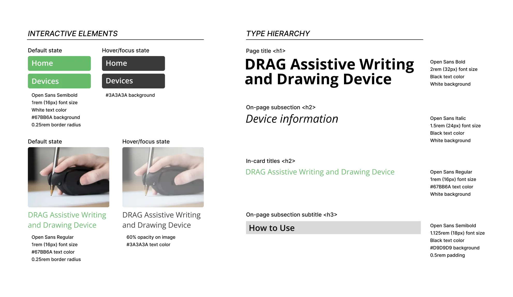 A Figma mockup identifying specifications for interactive elements and type hierarchy