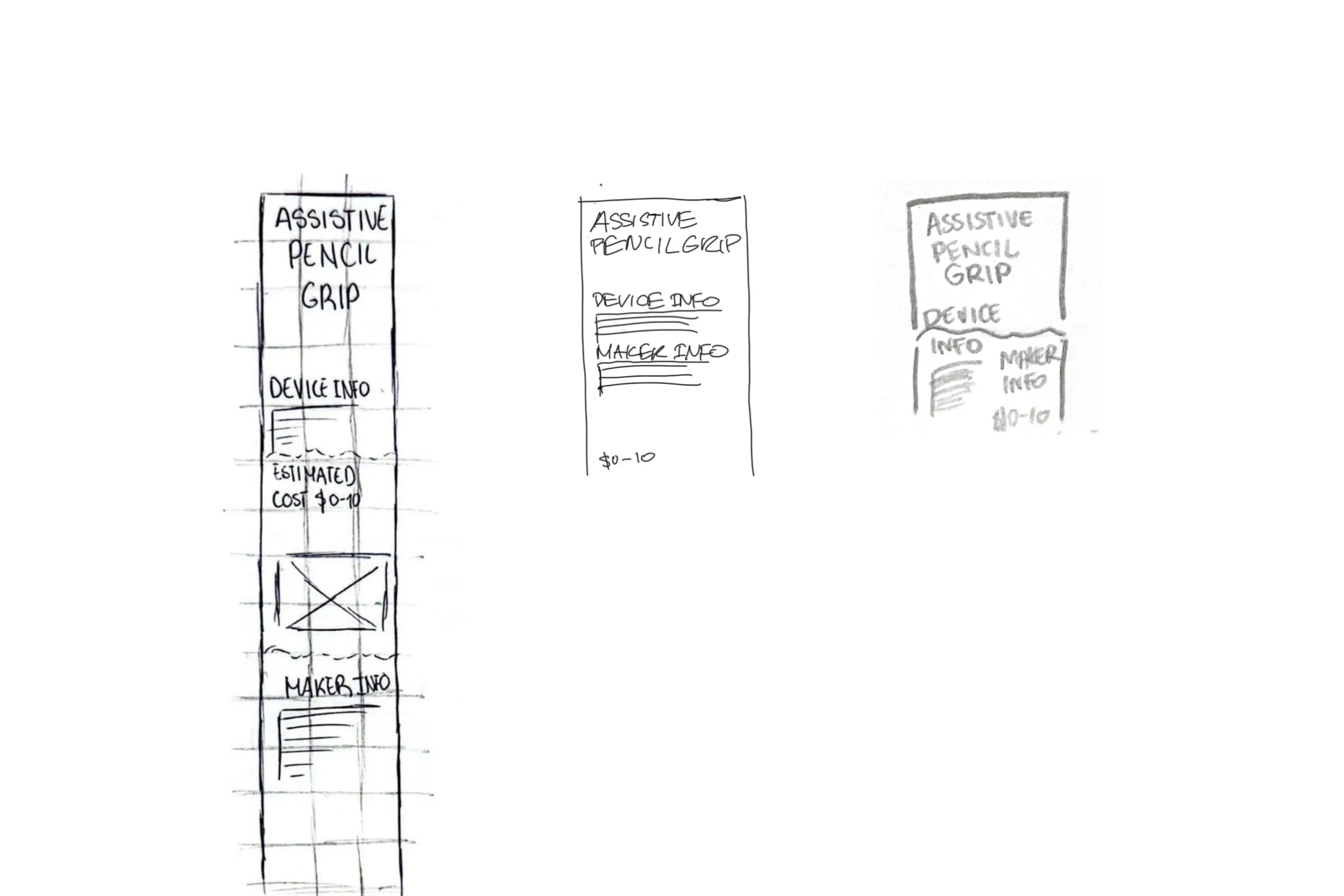 A series of sketches exploring using space to create hierarchy in mobile layouts